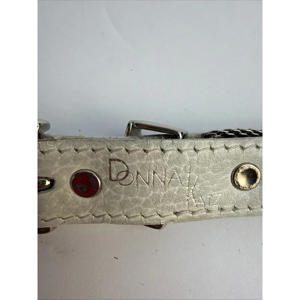 Donna Katz Women's Small White Leather and Silver Metal Mesh Star Belt Heavy EUC